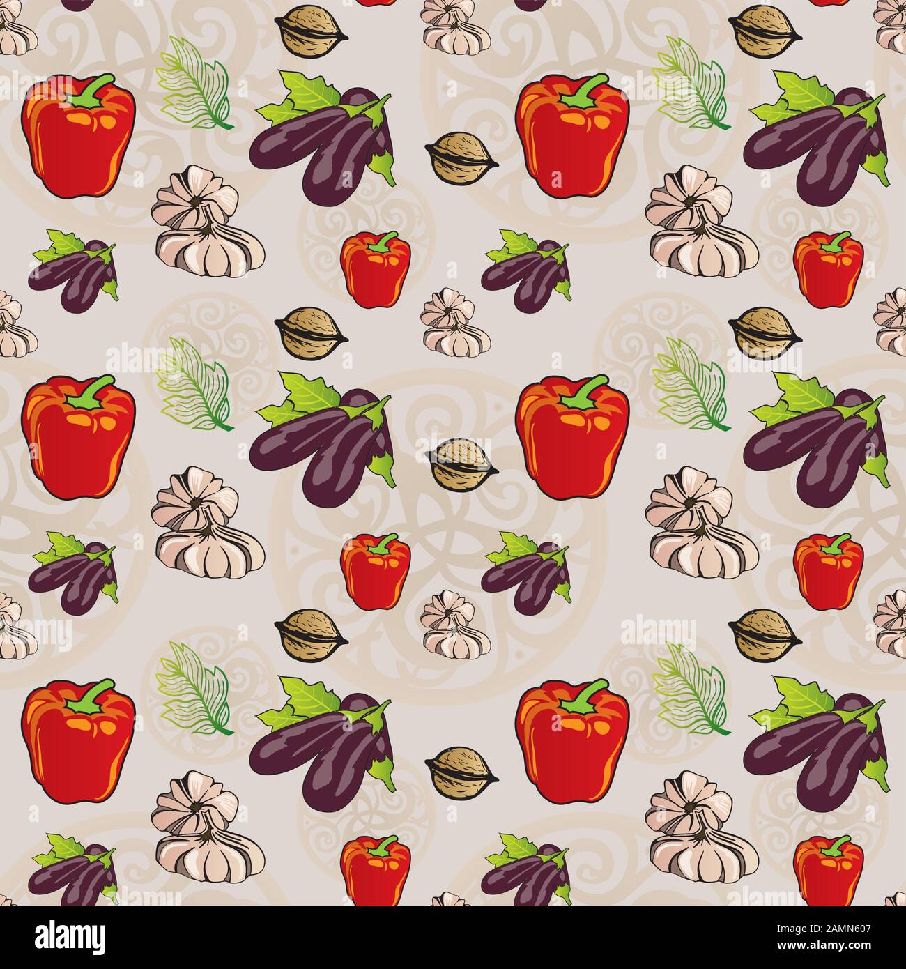 Verdure Senza Cuciture Pepe, Eggplant, Aglio E Noce Illustrazioni Illustrazione Vettoriale