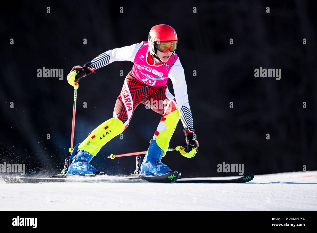 LOSANNA, SVIZZERA. 14th, gennaio 2020. Stoilov Konstantin (BUL) compete nello sci alpino Slalom Run 1 maschile durante i Giochi Olimpici giovanili di Losanna 2020 presso il Centro Alpino Les Diablerets martedì 14 gennaio 2020. LOSANNA, SVIZZERA. Credito: Taka G Wu/Alamy Live News Foto Stock