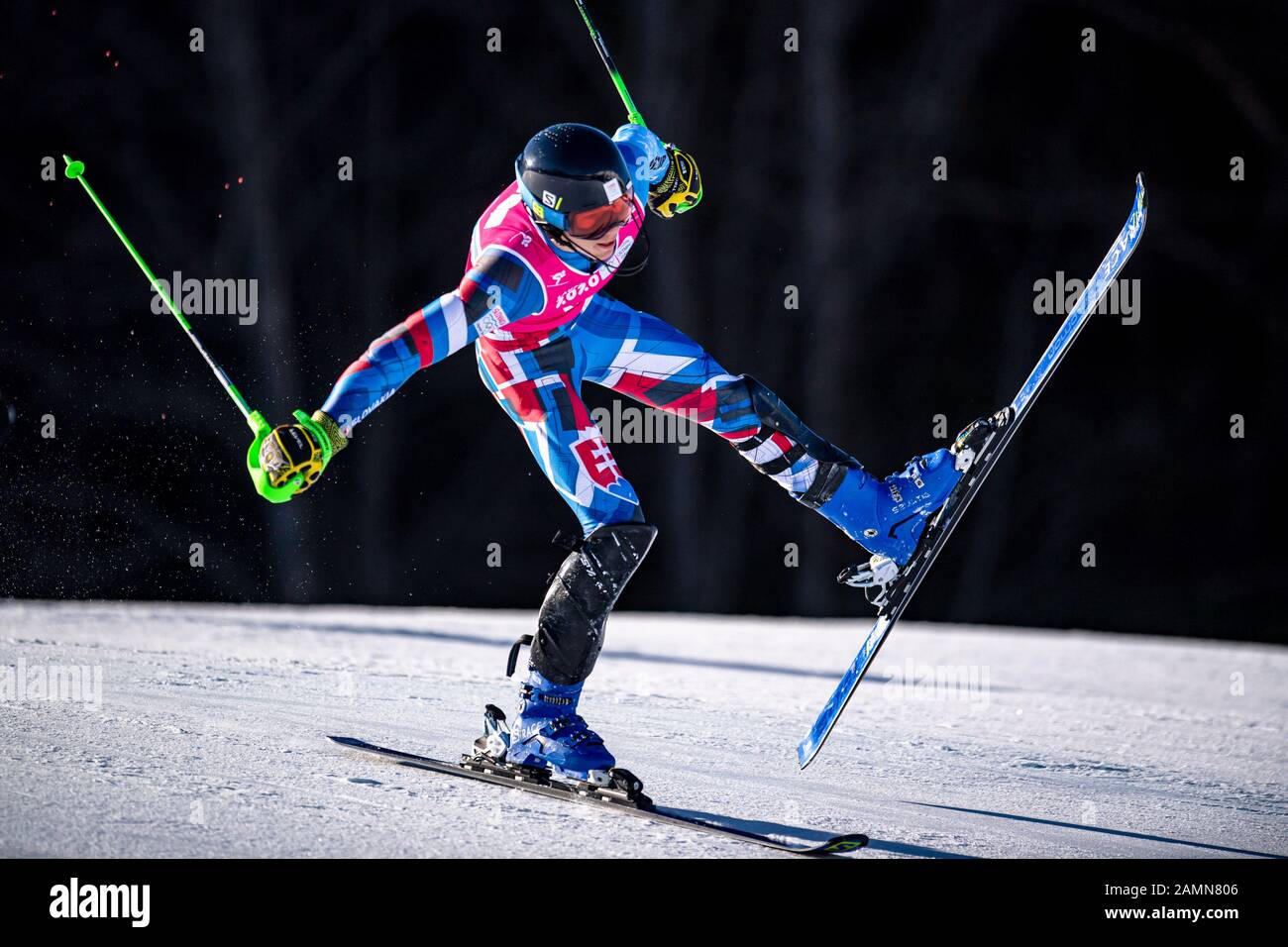 LOSANNA, SVIZZERA. 14th, gennaio 2020. Zampa Teo (SVK) compete nello sci alpino Slalom Run 1 maschile durante i Giochi Olimpici giovanili di Losanna 2020 presso il Centro Alpino Les Diablerets martedì 14 gennaio 2020. LOSANNA, SVIZZERA. Credito: Taka G Wu/Alamy Live News Foto Stock