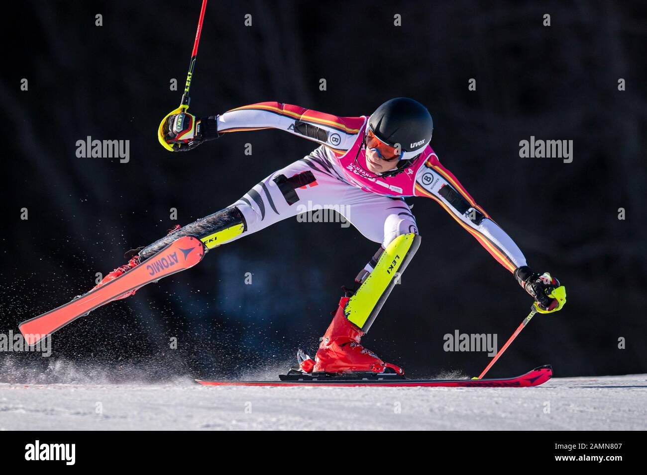 LOSANNA, SVIZZERA. 14th, gennaio 2020. Geissler-HAUBER Max (GER) compete nello sci alpino Slalom Run 1 durante i Giochi Olimpici Giovanile di Losanna 2020 presso il Centro Alpino Les Diablerets martedì 14 gennaio 2020. LOSANNA, SVIZZERA. Credito: Taka G Wu/Alamy Live News Foto Stock
