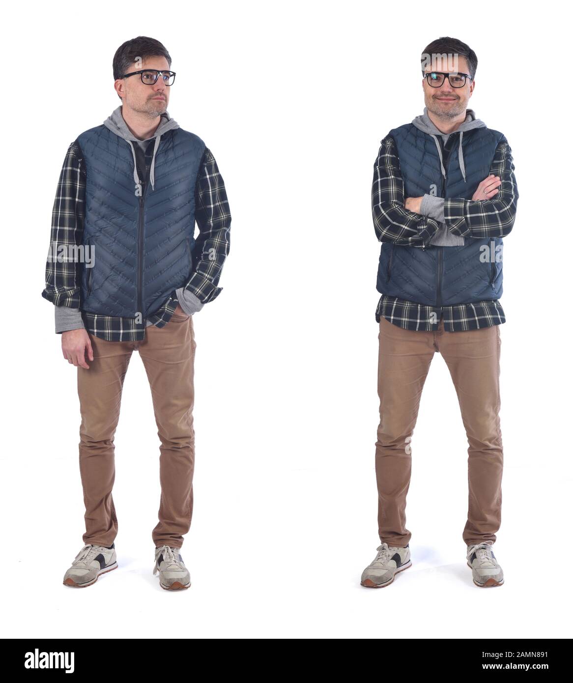 uomo con le braccia incrociate e senza incrociare Foto Stock
