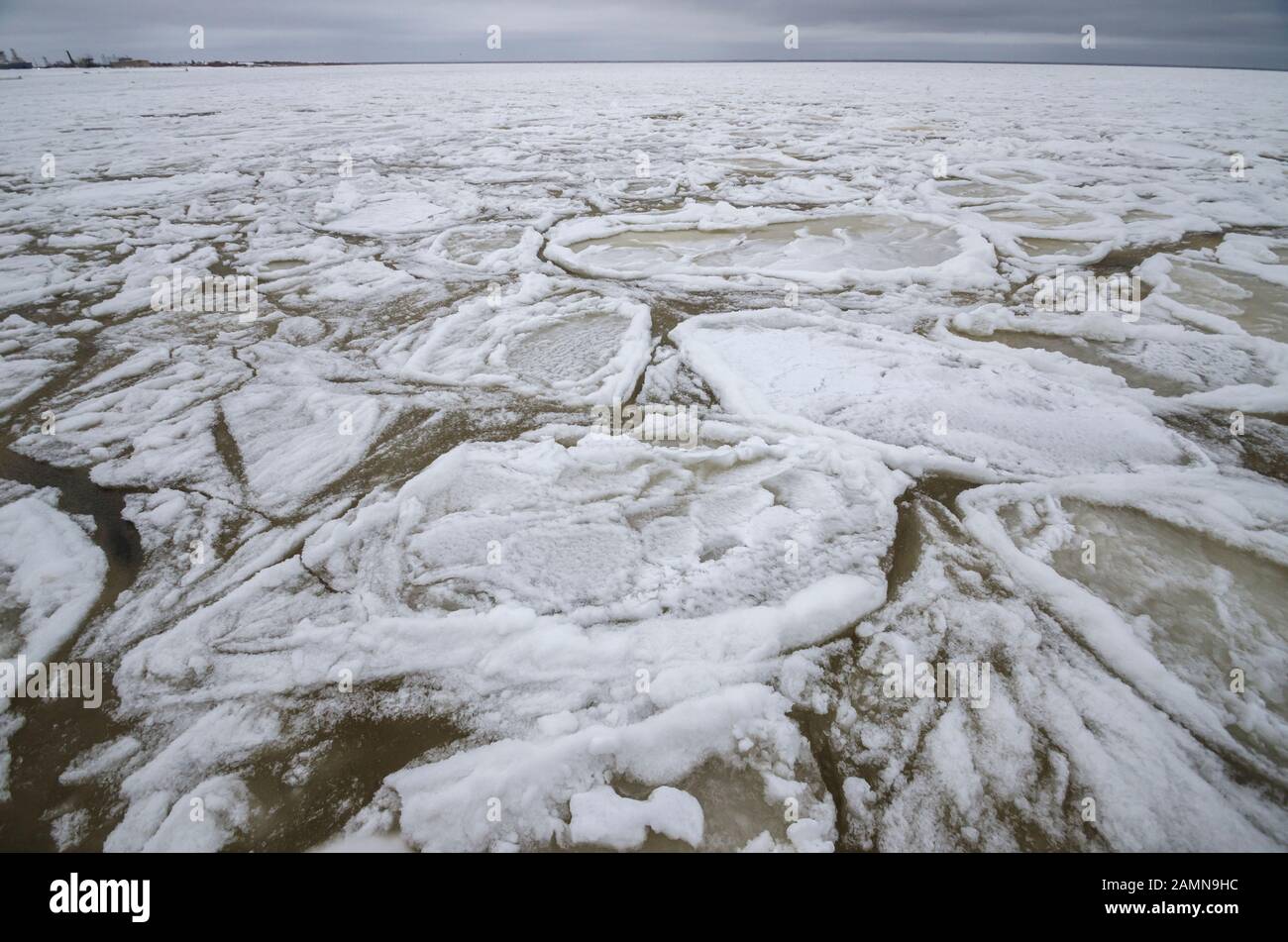 Formazione di ghiaccio in mare. Pavimenti di ghiaccio rotondi. Paesaggio artico Foto Stock