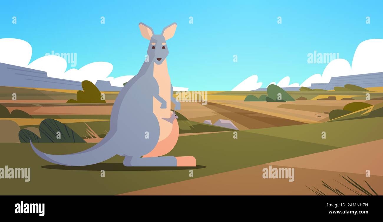 wallaby con il bambino in australia deserto australiano fauna selvatica selvatica animale selvatica concetto paesaggio sfondo orizzontale vettore illustrazione Illustrazione Vettoriale