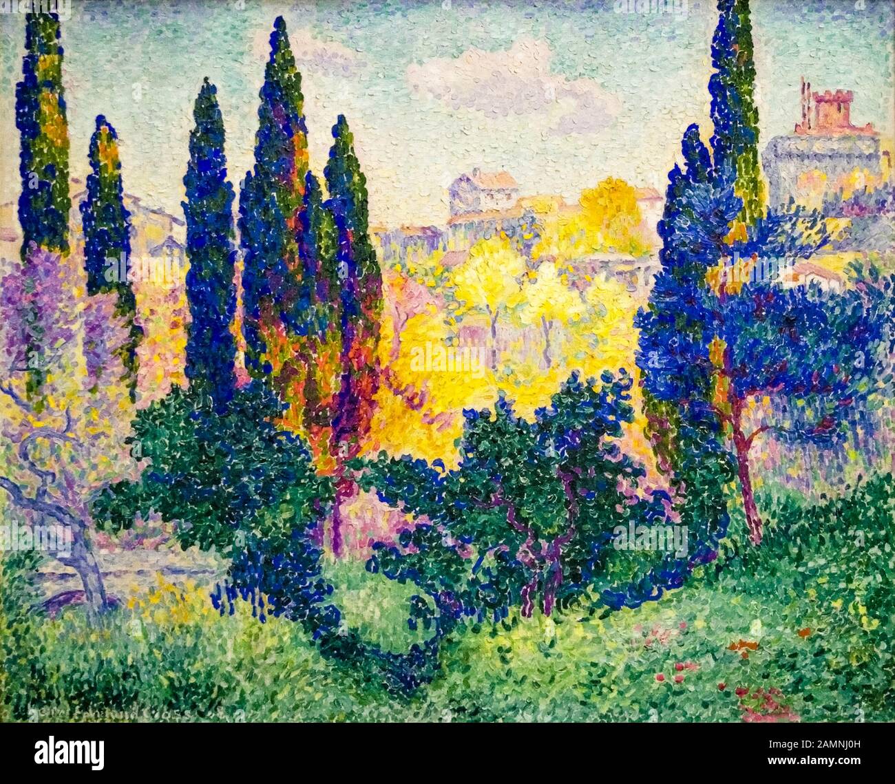 Henri-Edmond Cross, cipressi a Cagnes, pittura paesaggistica neoimpressionista (Pointillismo), 1908 Foto Stock