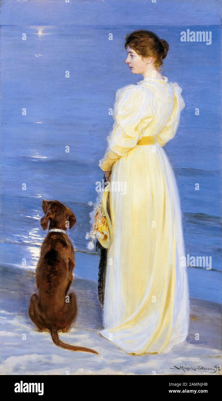 Peder Severin Krøyer, Serata estiva a Skagen, Moglie dell'artista, e, Dog, by the Shore, ritratto dipinto, 1892 Foto Stock