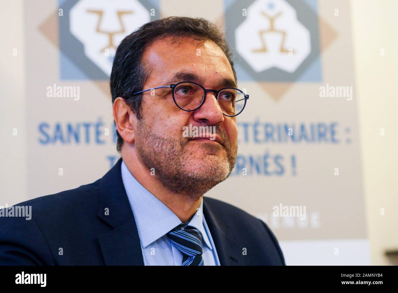 Erick Lelouche, presidente di Boehringer Ingelheim Francia, partecipa a una conferenza stampa per l'allaggio ufficiale DI HUB-VPH, il primo hub globale sulla sanità pubblica veterinaria, Lione, Francia Foto Stock