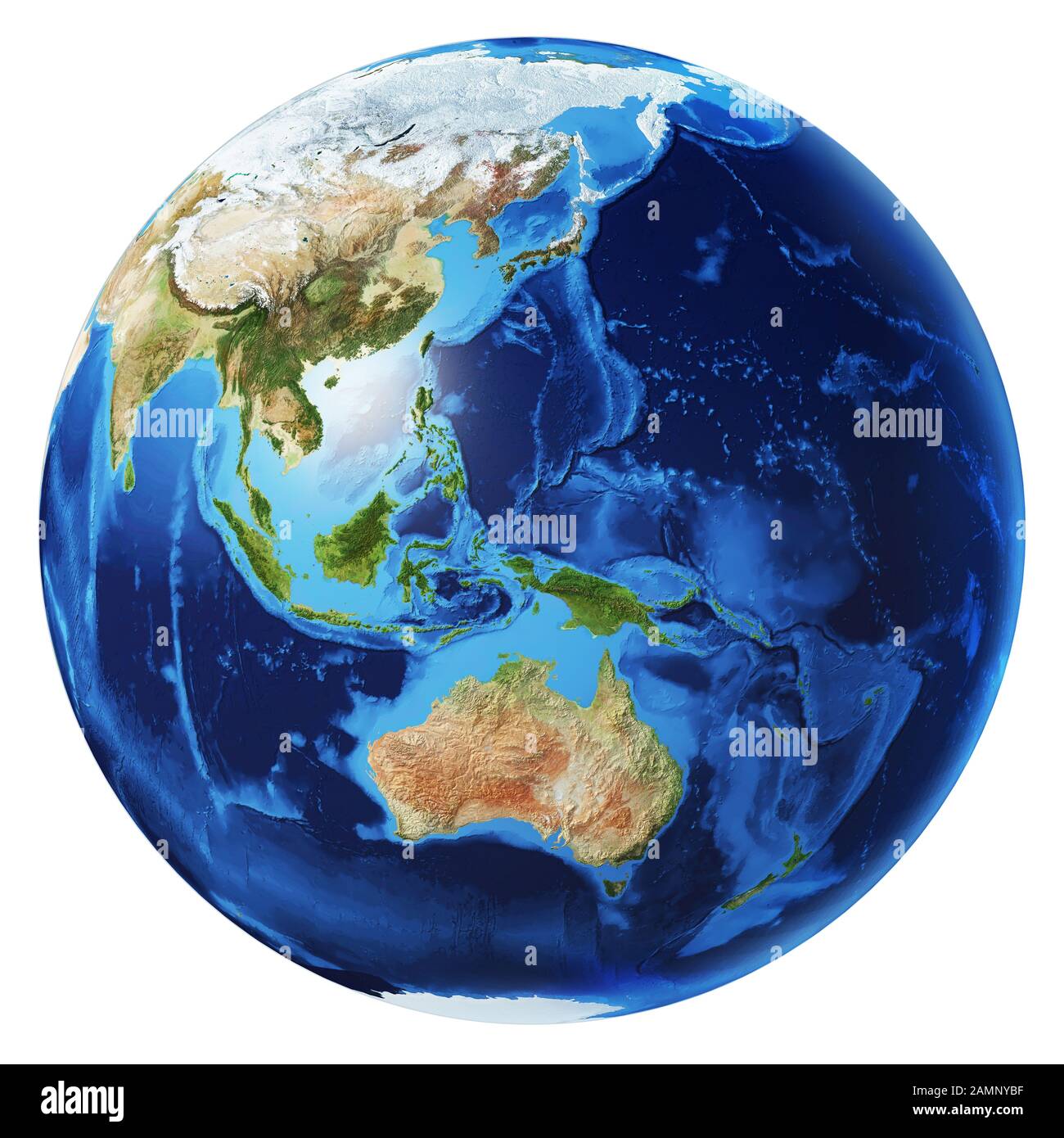 Immagine 3d fotorealistica del globo terrestre, su sfondo bianco. Vista Oceania. Senza nuvole. (Mappe originali fornite dalla NASA). Foto Stock