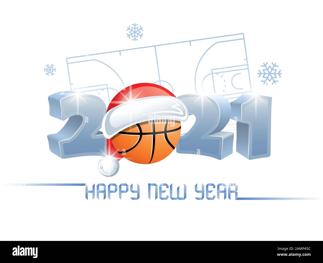 2021. Felice Anno Nuovo! Biglietto d'auguri per gli sport con una palla da basket e cappello di Babbo Natale sullo sfondo di un campo da basket. Illustrazione del vettore. Illustrazione Vettoriale