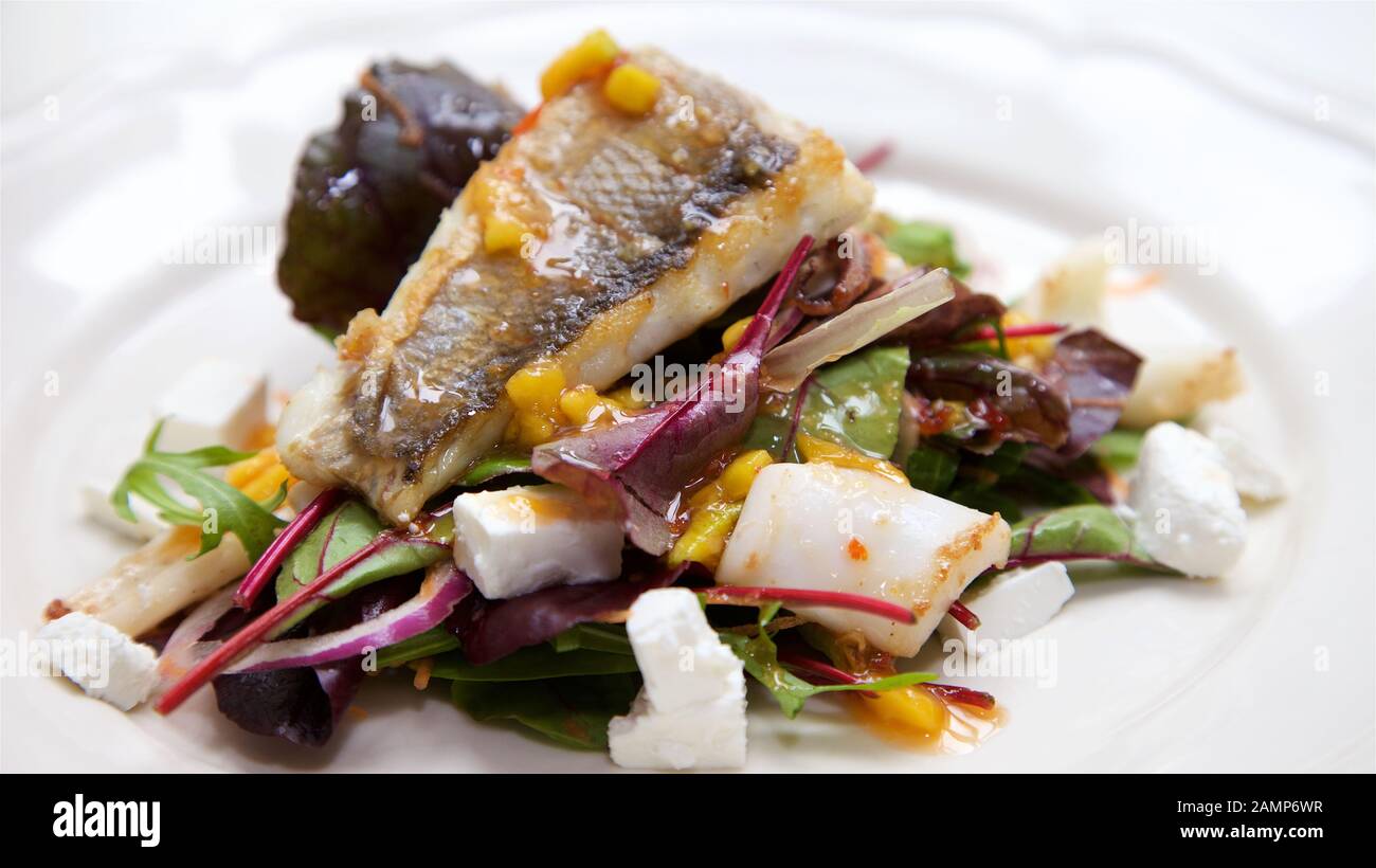 Un ristorante piatto principale di branzino e calamari con insalata mista di foglie e di formaggio feta. Foto Stock