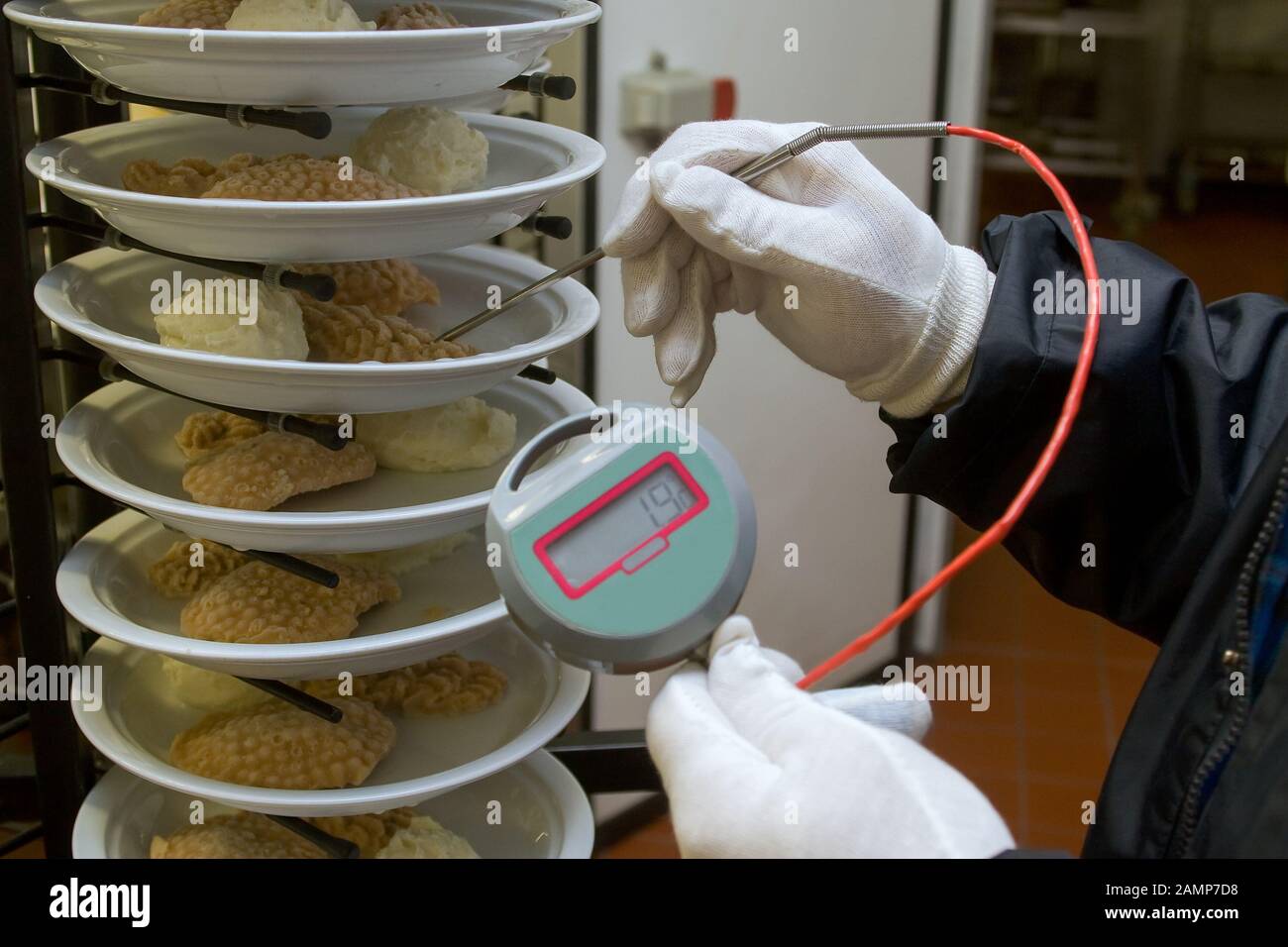 La sicurezza alimentare ispettore misura la temperatura di pietanze cucinate con una sonda del termometro. Foto Stock