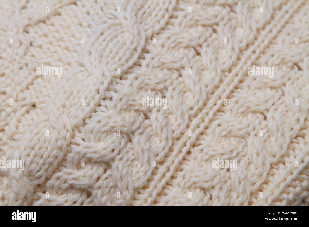 Immagine ravvicinata del dettaglio di cucitura su un tradizionale Aran maglieria maglione. Foto Stock