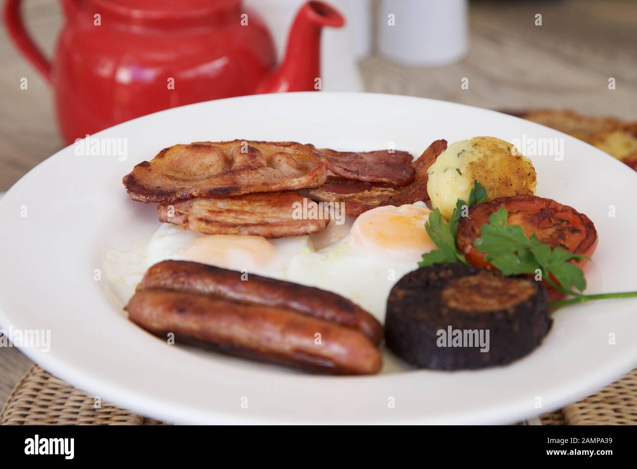 Una colazione irlandese completa composta da bacon, uova, salsiccia, budino nero e pomodoro grigliate. Foto Stock