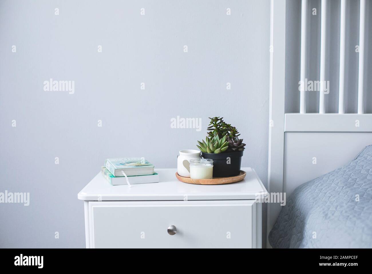 Piccoli succulenti, candele e libri sul comodino in camera da letto in stile scandinavo casa. Interni scandinavi in colori grigio e bianco Foto Stock