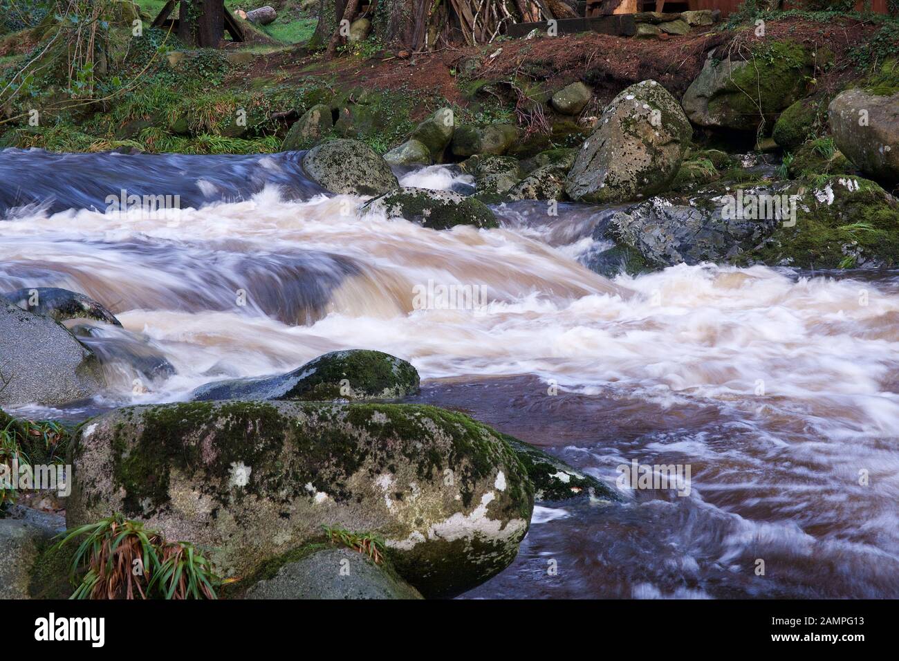 Esposizione lento colpo di White Water Rapids sulle rive di un fiume nella contea di Wicklow, Irlanda. Foto Stock
