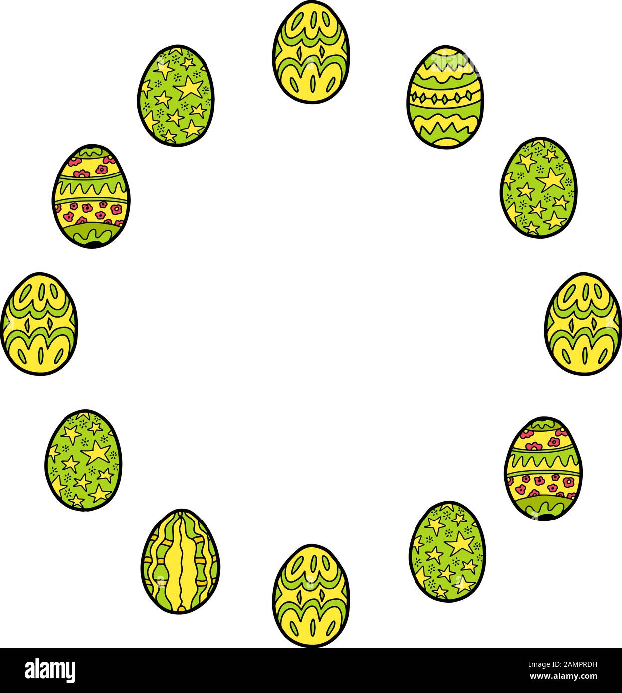 Cornice rotonda con uova di colore pasquale in stile cartone animato isolato su sfondo bianco. Vector wreath con uova pasquali doodle con spazio per il testo. Festi Illustrazione Vettoriale