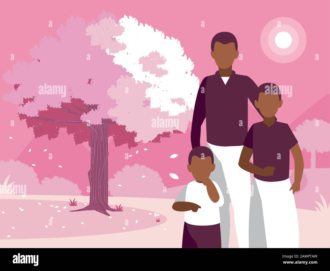 Padre e figli di fronte ad alberi design, famiglia relazione generazione stile di vita persona carattere amicizia e ritratto tema Vector illustrazione Illustrazione Vettoriale