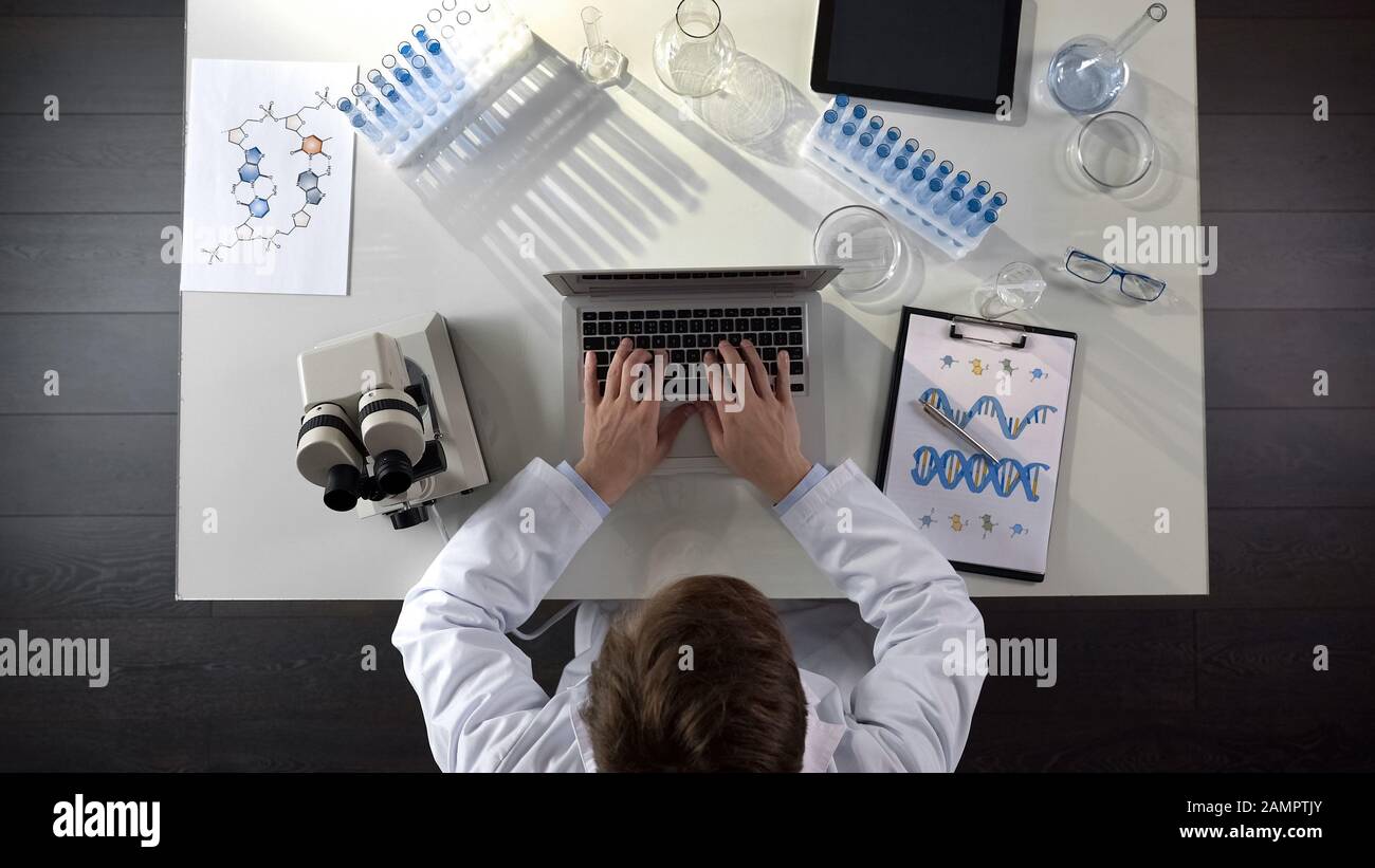Scienziato di genetica che conduce studi medici di DNA, digitando su laptop, vista dall'alto Foto Stock
