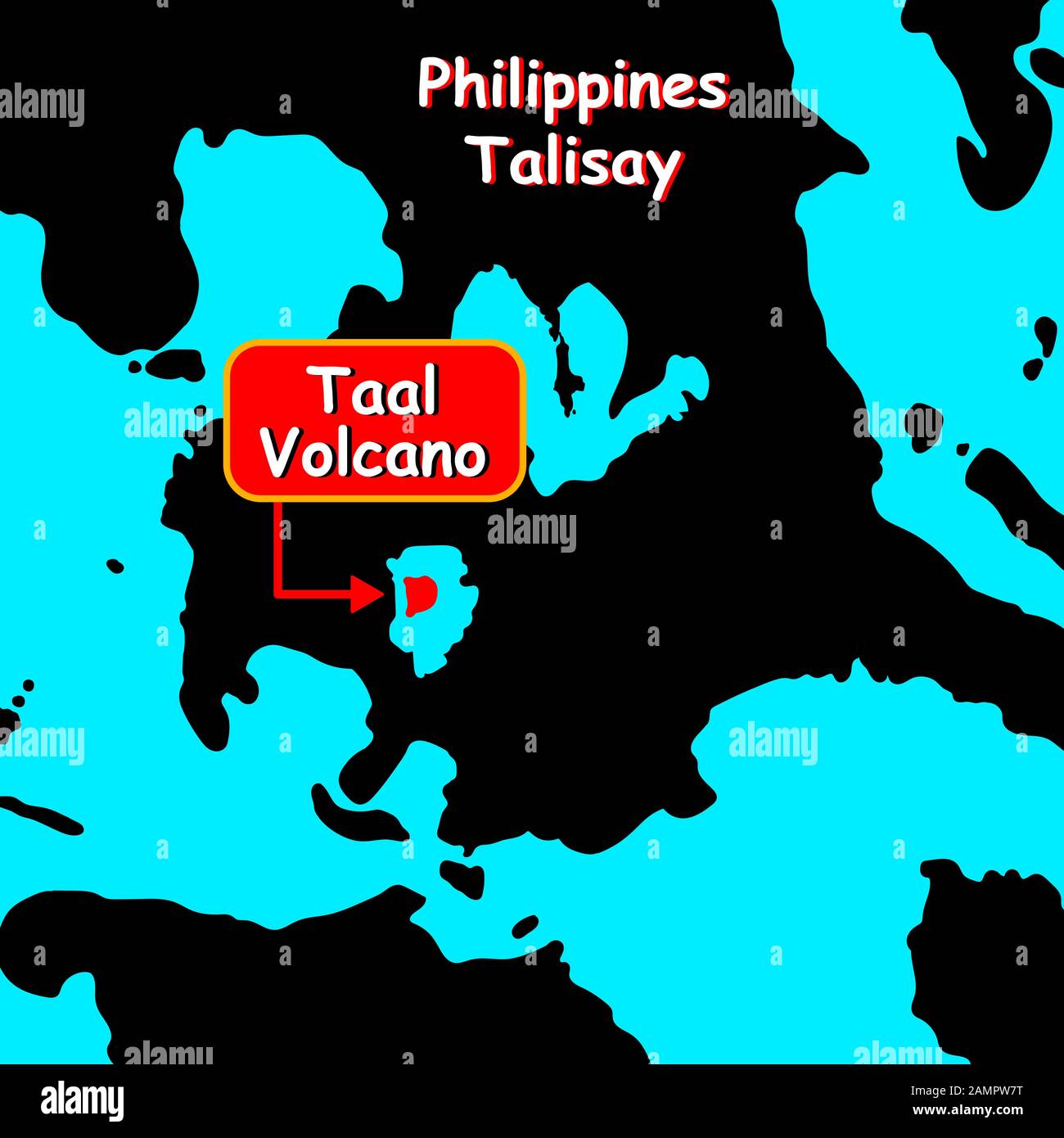 Vulcano Taal sulla mappa Isole Filippine. Tabella delle silhouette. Eruzione. Disastro sulle isole delle Filippine. Pregate per Talisay. Salvare il file Islands.lo Illustrazione Vettoriale