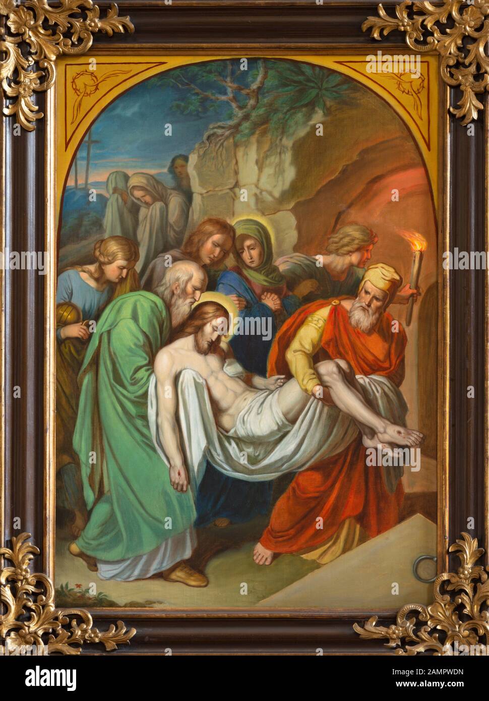 Vienna, AUSTRIA - 19 DICEMBRE 2016: La pittura Sepoltura di Gesù nella chiesa kirche St. Laurenz (Schottenfelder Kirche) da artista sconosciuto del 19. Cent. Foto Stock