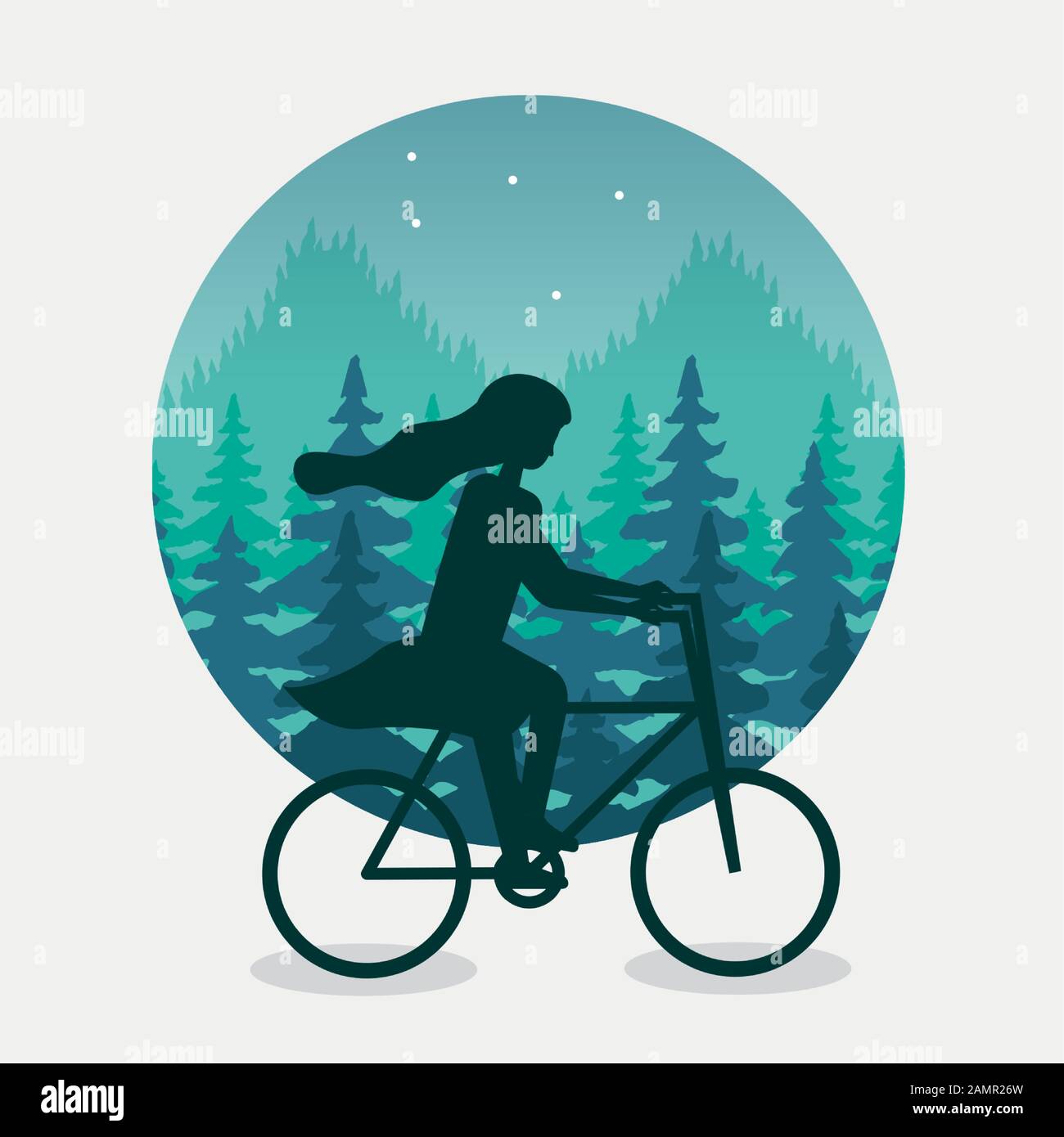 paesaggio wandelust con la donna in bicicletta scena Illustrazione Vettoriale