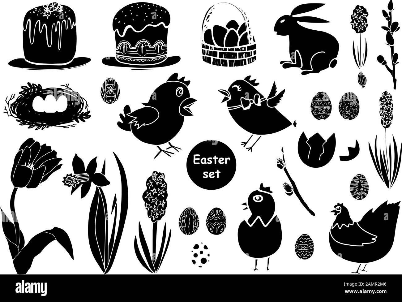 Pasqua set nero silhouette collezione elementi carino isolato su sfondo bianco. Coniglietto, fiori, tulipano, narciso, giacinto, uova Pasqua, polli, Illustrazione Vettoriale