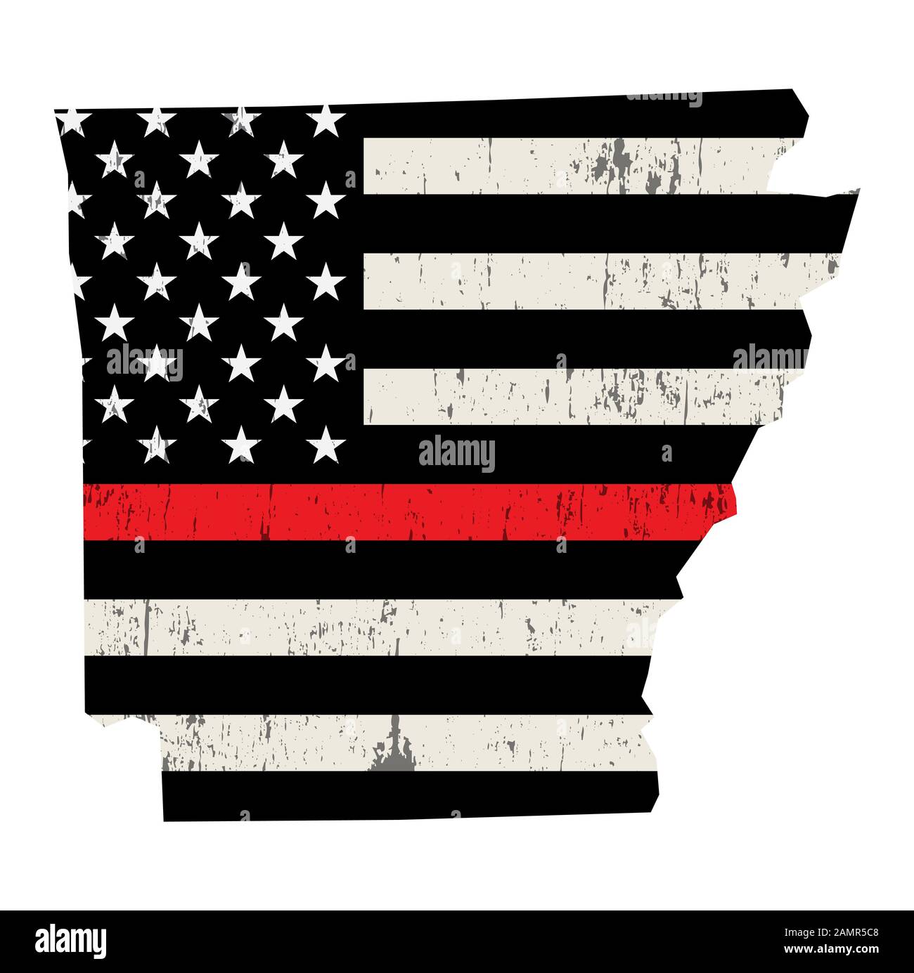 Una bandiera americana a forma di stato di Arkansas pompieri sostegno illustrazione. Vector EPS 10 disponibile. Foto Stock