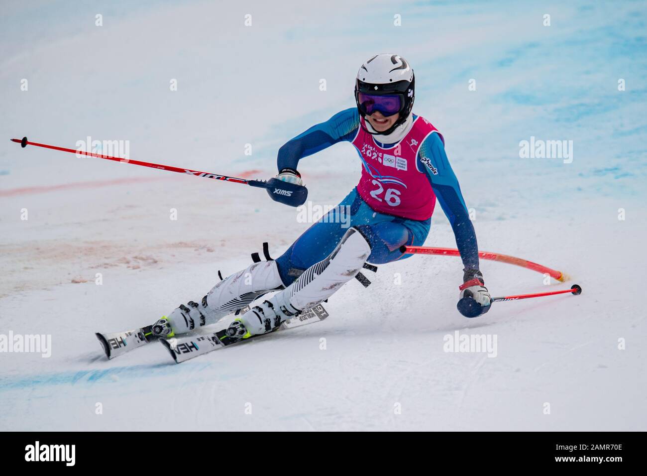 Losanna, Svizzera. 14th Gen 2020. SELLAEG SimenÊ(NOR) compete nello sci alpino Slalom Run 2 maschile durante i Giochi Olimpici Giovanili di Losanna 2020 presso il Centro Alpino Les Diablerets martedì 14 gennaio 2020. LOSANNA, SVIZZERA. Credito: Taka G Wu/Alamy Live News Foto Stock