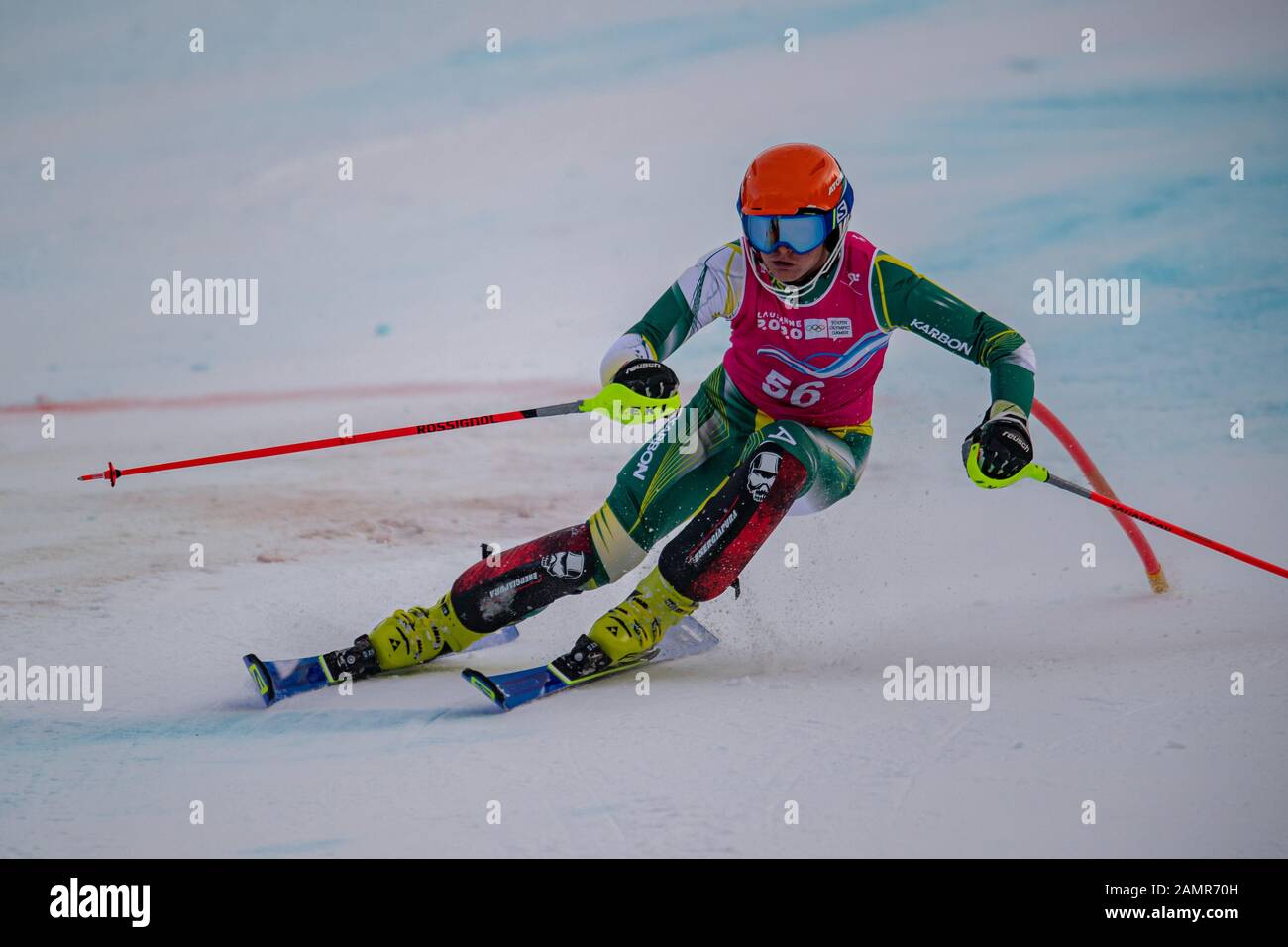 Losanna, Svizzera. 14th Gen 2020. STEGGALL Joey (AUS) compete nello sci alpino Slalom Run 2 da uomo durante i Giochi Olimpici Giovanili di Losanna 2020 presso il Centro Alpino Les Diablerets martedì 14 gennaio 2020. LOSANNA, SVIZZERA. Credito: Taka G Wu/Alamy Live News Foto Stock