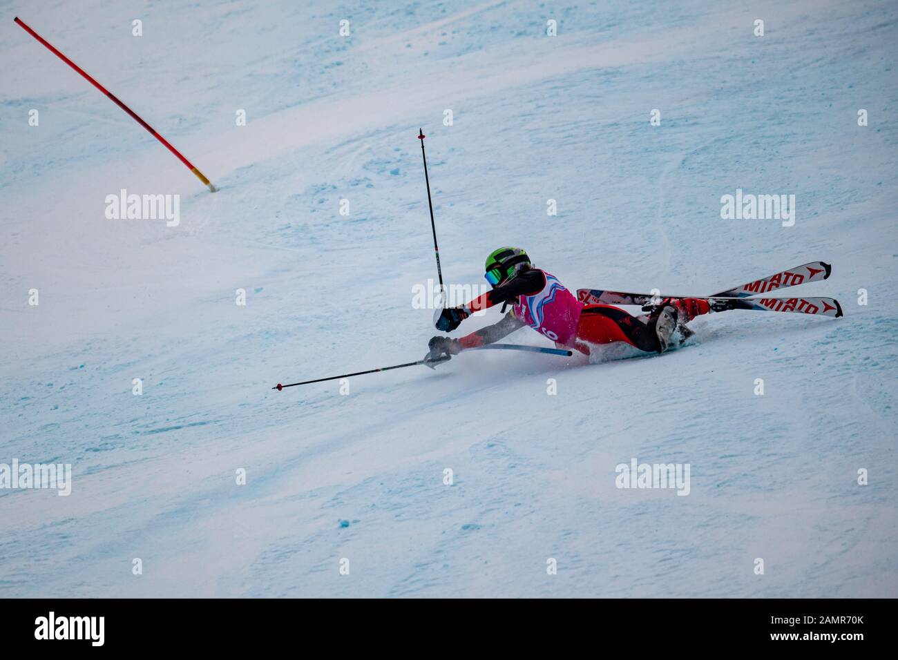 Losanna, Svizzera. 14th Gen 2020. Leonetti Ezio (ALB) è fallito mentre competeva nello sci alpino Slalom Run 2 maschile durante i Giochi Olimpici Giovanili di Losanna 2020 presso il Centro Alpino Les Diablerets martedì 14 gennaio 2020. LOSANNA, SVIZZERA. Credito: Taka G Wu/Alamy Live News Foto Stock