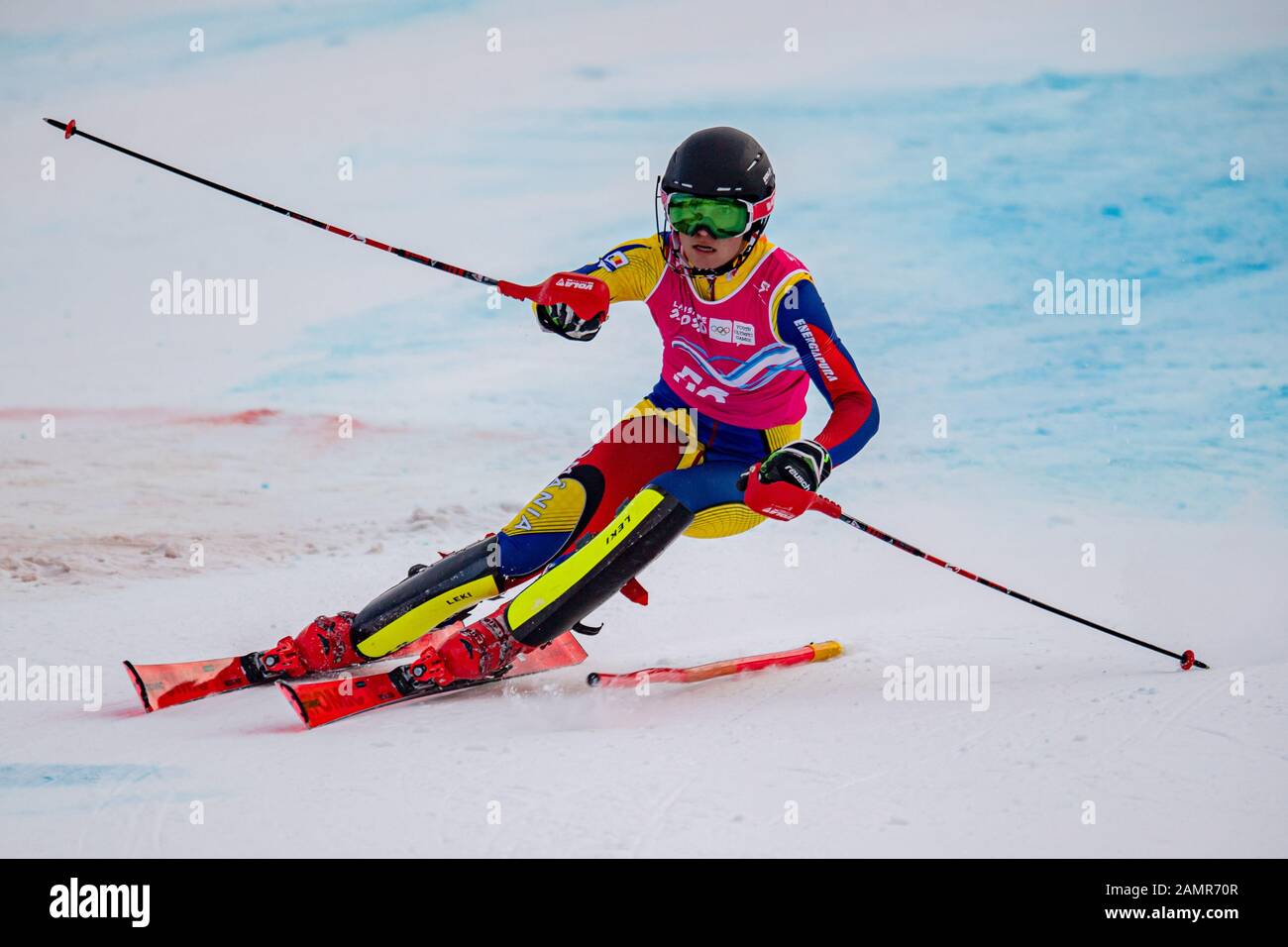 Losanna, Svizzera. 14th Gen 2020. STEGGALL Joey (AUS) compete nello sci alpino Slalom Run 2 da uomo durante i Giochi Olimpici Giovanili di Losanna 2020 presso il Centro Alpino Les Diablerets martedì 14 gennaio 2020. LOSANNA, SVIZZERA. Credito: Taka G Wu/Alamy Live News Foto Stock