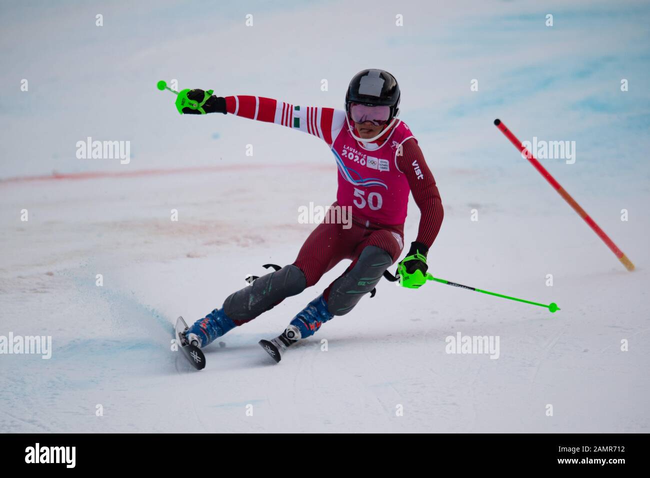 Losanna, Svizzera. 14th Gen 2020. Trunk Tamas (HUN) compete nello sci alpino Slalom Run 2 maschile durante i Giochi Olimpici Giovanili di Losanna 2020 presso il Centro Alpino Les Diablerets martedì 14 gennaio 2020. LOSANNA, SVIZZERA. Credito: Taka G Wu/Alamy Live News Foto Stock