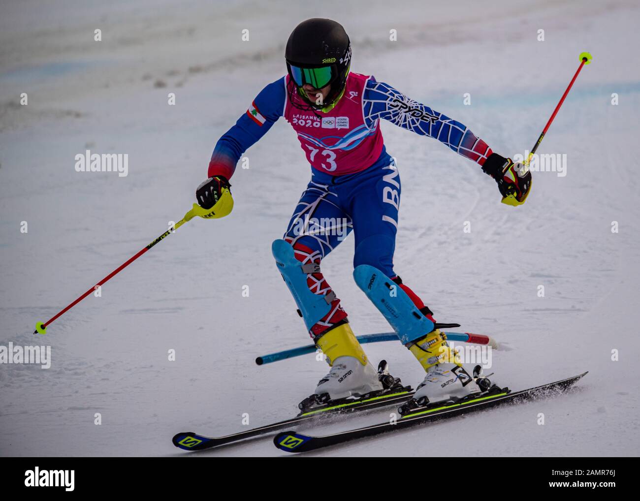 Losanna, Svizzera. 14th Gen 2020. Iskandar Ray (LBN) compete nello sci alpino Slalom Run 2 maschile durante i Giochi Olimpici Giovanili di Losanna 2020 presso il Centro Alpino Les Diablerets martedì 14 gennaio 2020. LOSANNA, SVIZZERA. Credito: Taka G Wu/Alamy Live News Foto Stock