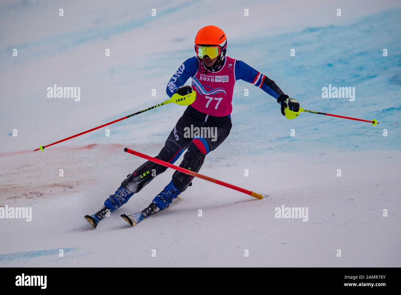 Losanna, Svizzera. 14th Gen 2020. HIRANRAT Natthawut (THA) compete nello sci alpino Slalom Run 2 da uomo durante i Giochi Olimpici giovanili di Losanna 2020 presso il Centro Alpino Les Diablerets martedì 14 gennaio 2020. LOSANNA, SVIZZERA. Credito: Taka G Wu/Alamy Live News Foto Stock
