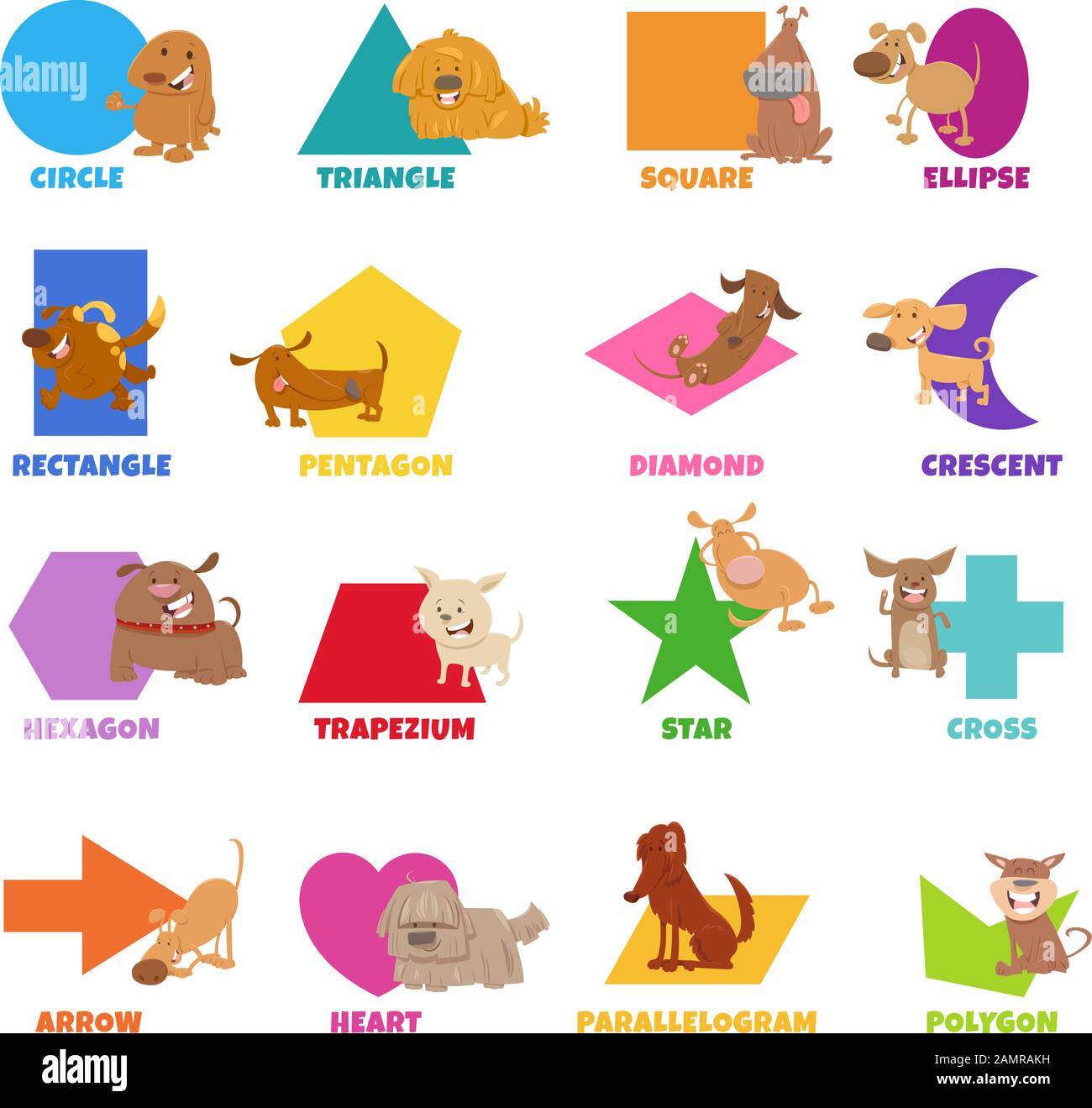 Cartoon Educational Illustrazione di Forme Geometriche di base con Captions e Dogs personaggi animali per bambini Preschool ed Elementary Age Illustrazione Vettoriale