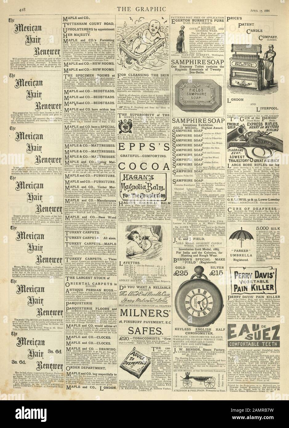 Pagina di annunci vittoriani da Graphic Illustrated Newspaper. 1886.Mexican hair renewer, soap, Epp's Cocoa, Magnolia Balm, Patent Candle Company Foto Stock