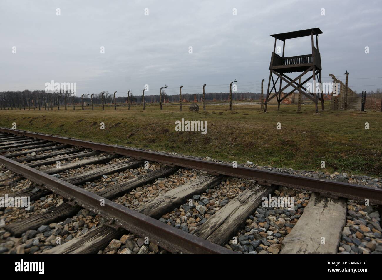 Auschwitz, POLONIA - 20 dicembre 2019: Torri di avvistamento al campo di concentramento di Auschwitz (Konzentrationslager Auschwitz) Foto Stock