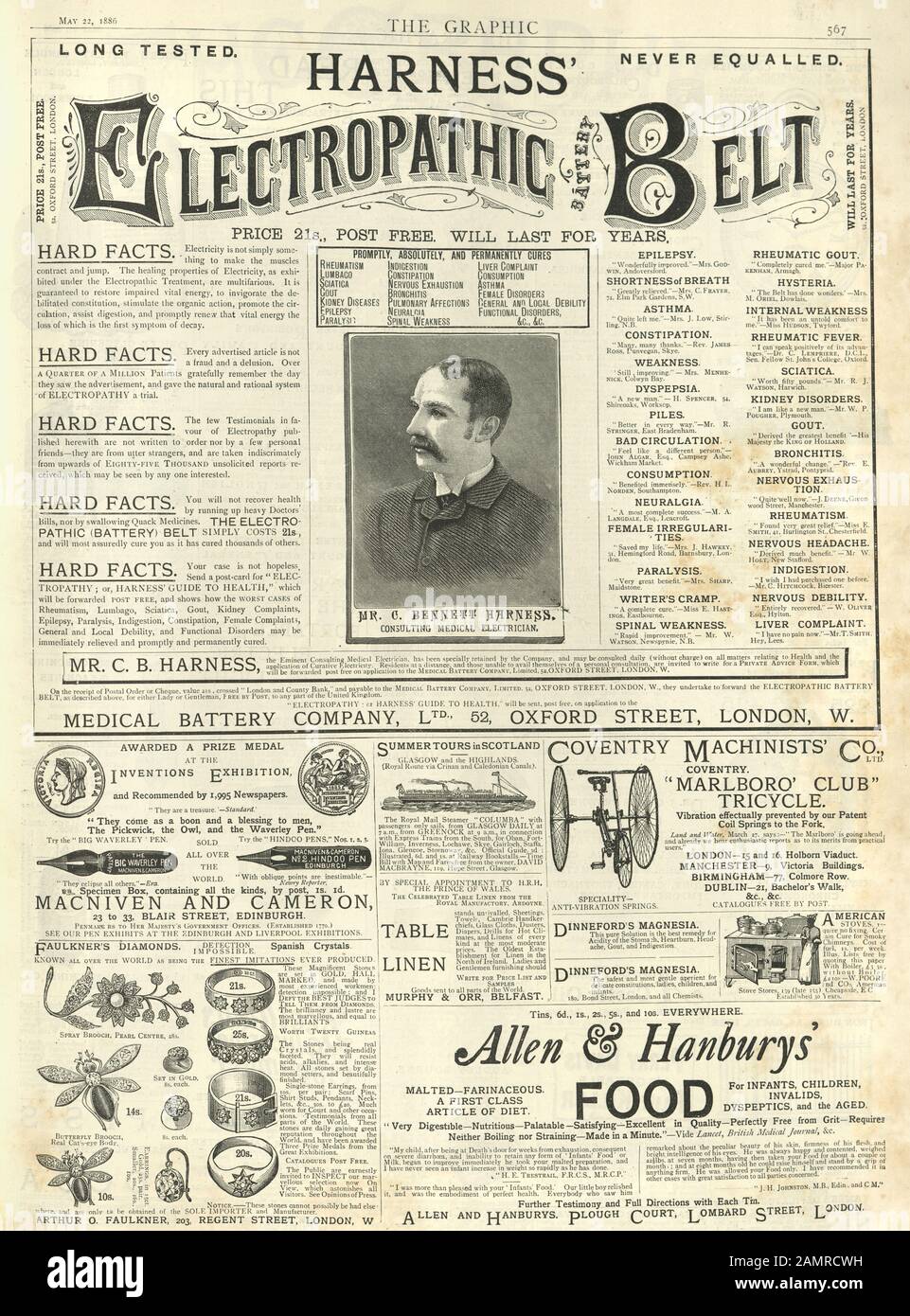 Pagina degli annunci di giornale Vittoriano, 19th Secolo, 1886. Cintura elettropatica per batterie, tricicli, gioielli, anelli Foto Stock