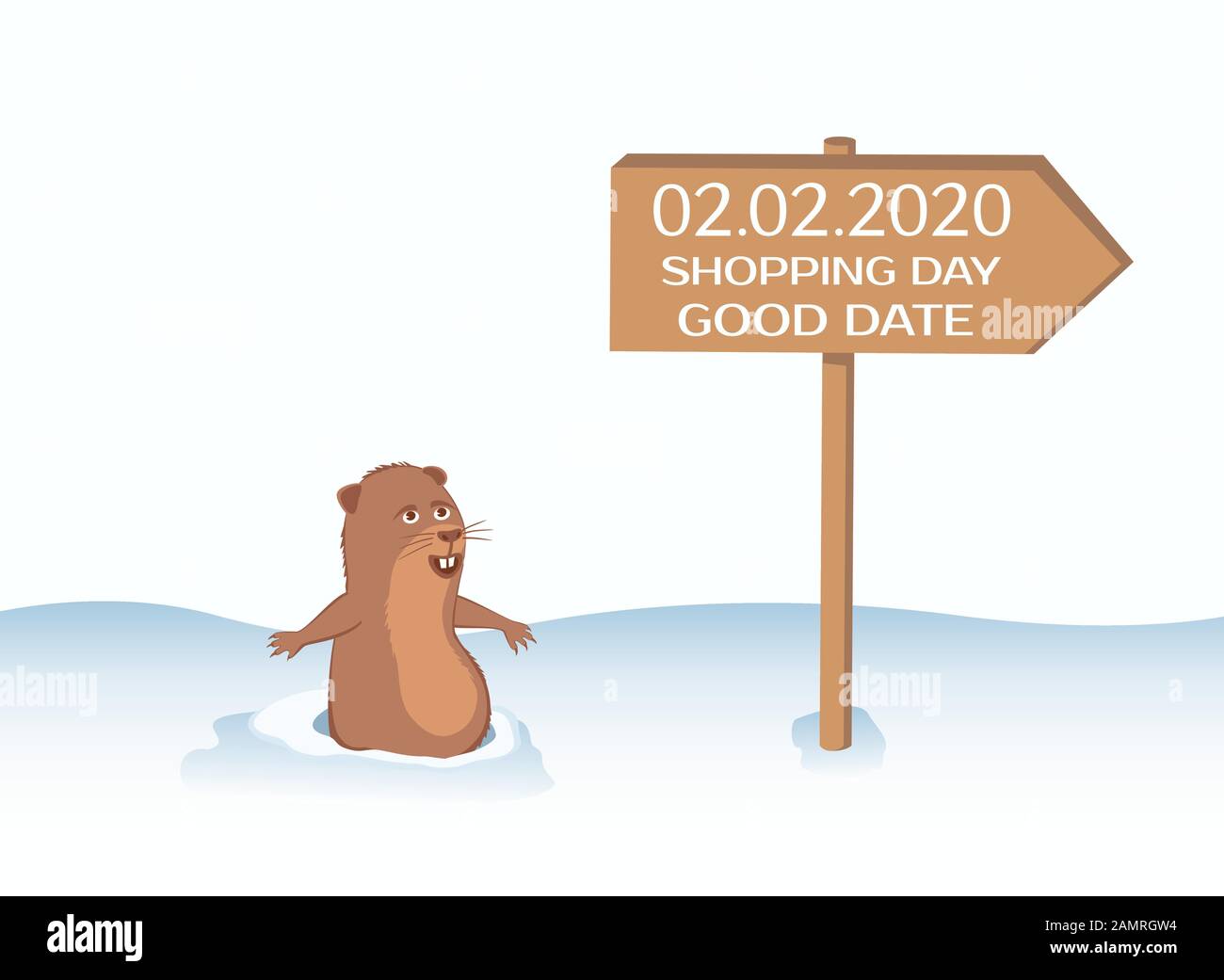 Groundhog salì fuori dal buco. Firma del 02.02.2020 e giornata di shopping. Illustrazione Vettoriale