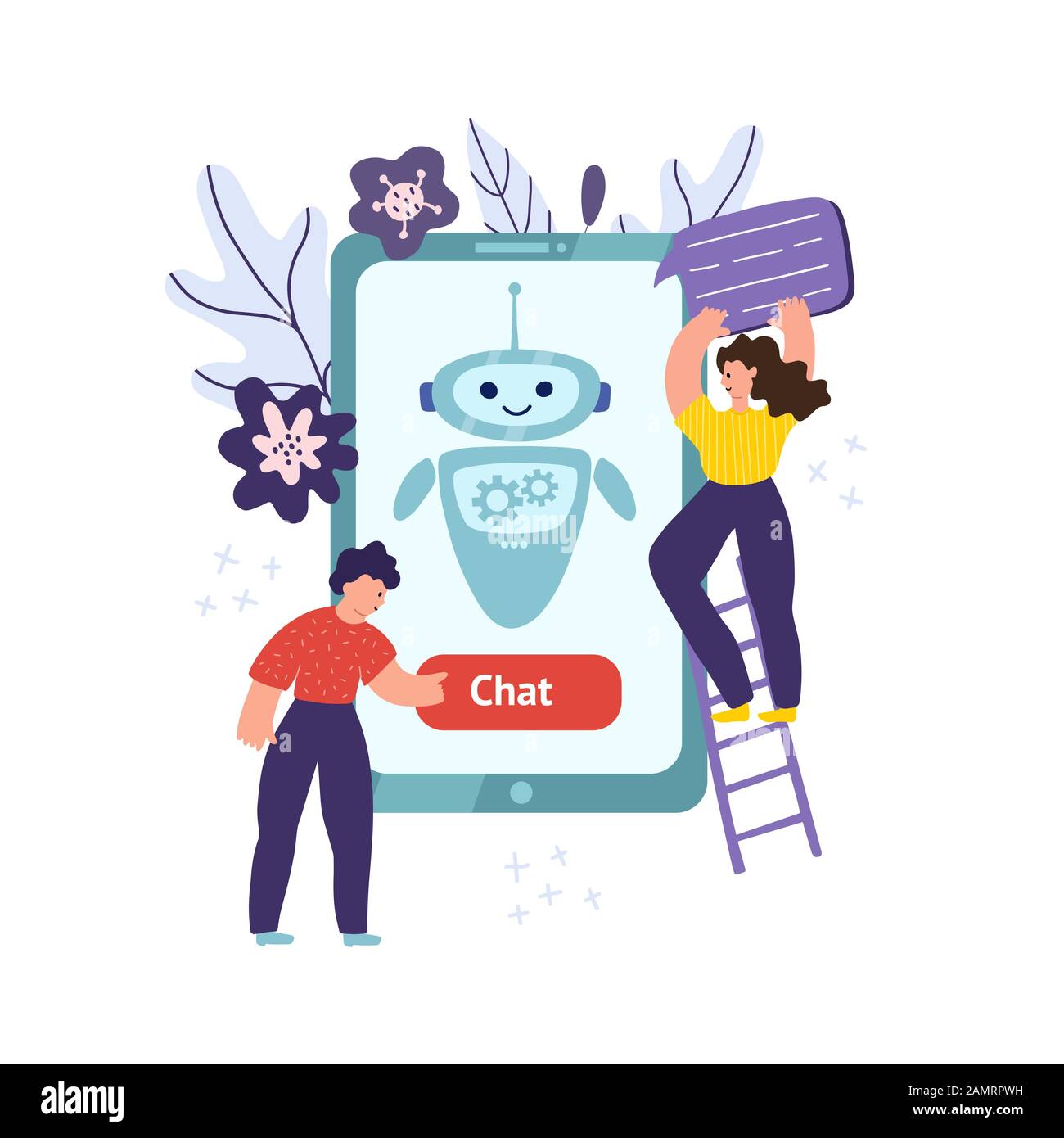 Chatbot mobile concept con l'uomo che preme il pulsante e la donna che tiene la bolla del parlato Illustrazione Vettoriale