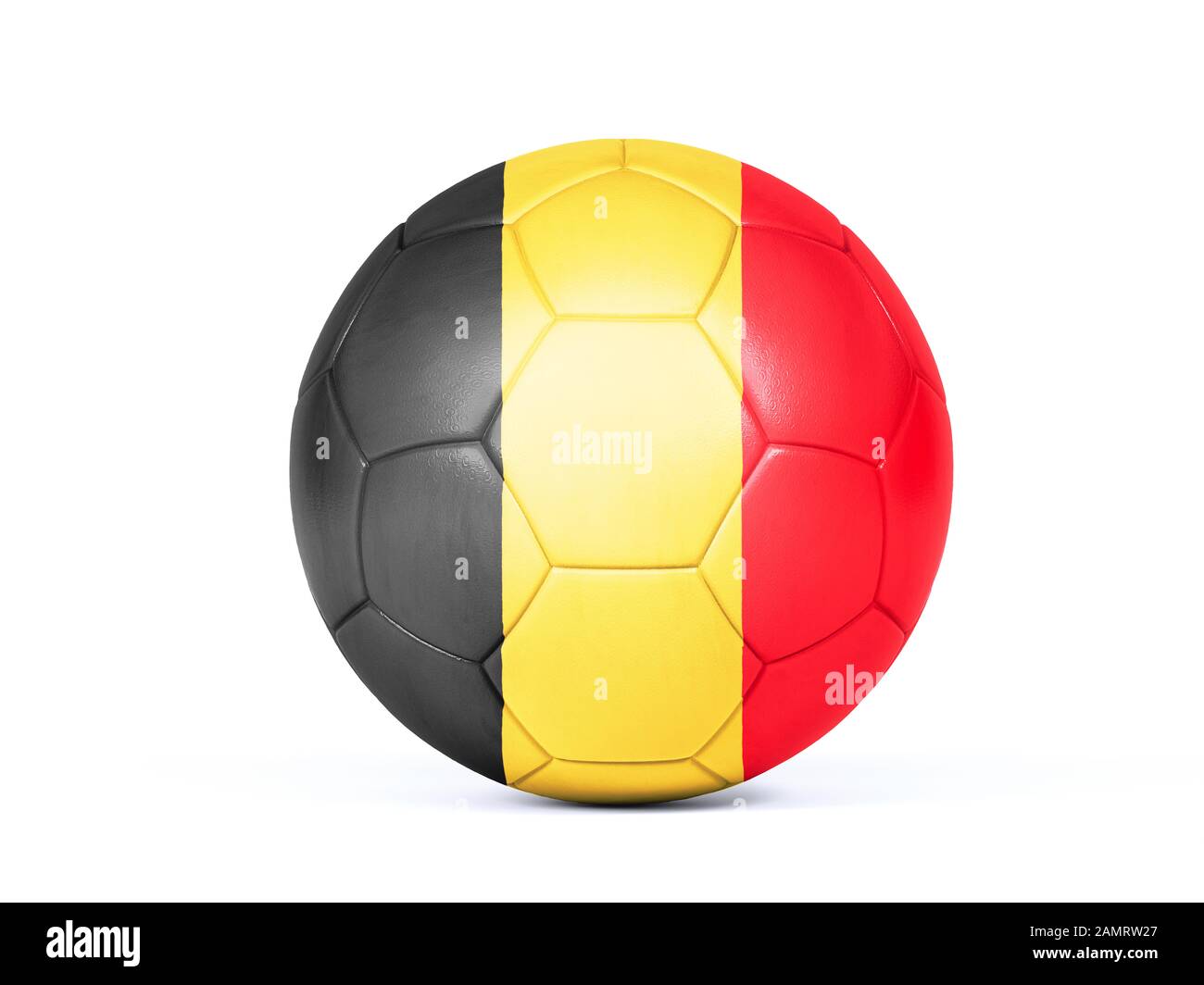 Pallone da calcio o da calcio con i colori della bandiera nazionale belga concettuale del supporto di squadra in campionati o la Coppa del mondo isolato su bianco Foto Stock
