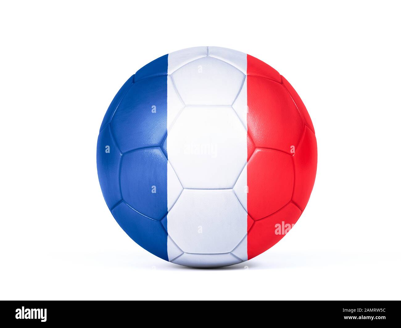 Pallone da calcio o da calcio con i colori della bandiera nazionale francese concettuale del supporto di squadra in campionati o la Coppa del mondo isolato su bianco Foto Stock