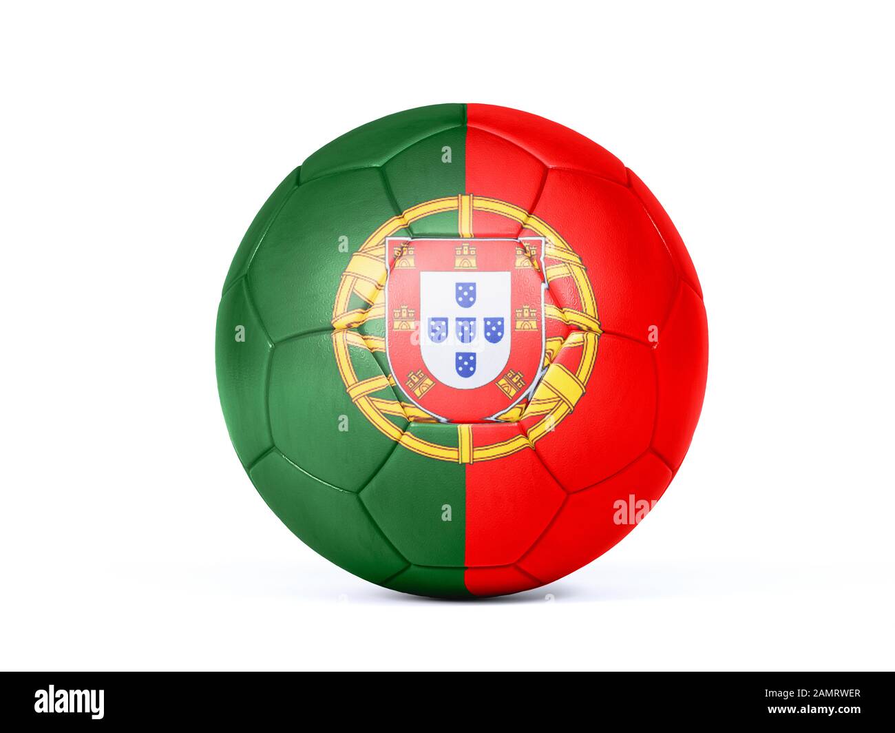 Pallone da calcio o calcio con i colori della bandiera nazionale portoghese concettuale del supporto di squadra in campionati o la Coppa del mondo isolato su bianco Foto Stock