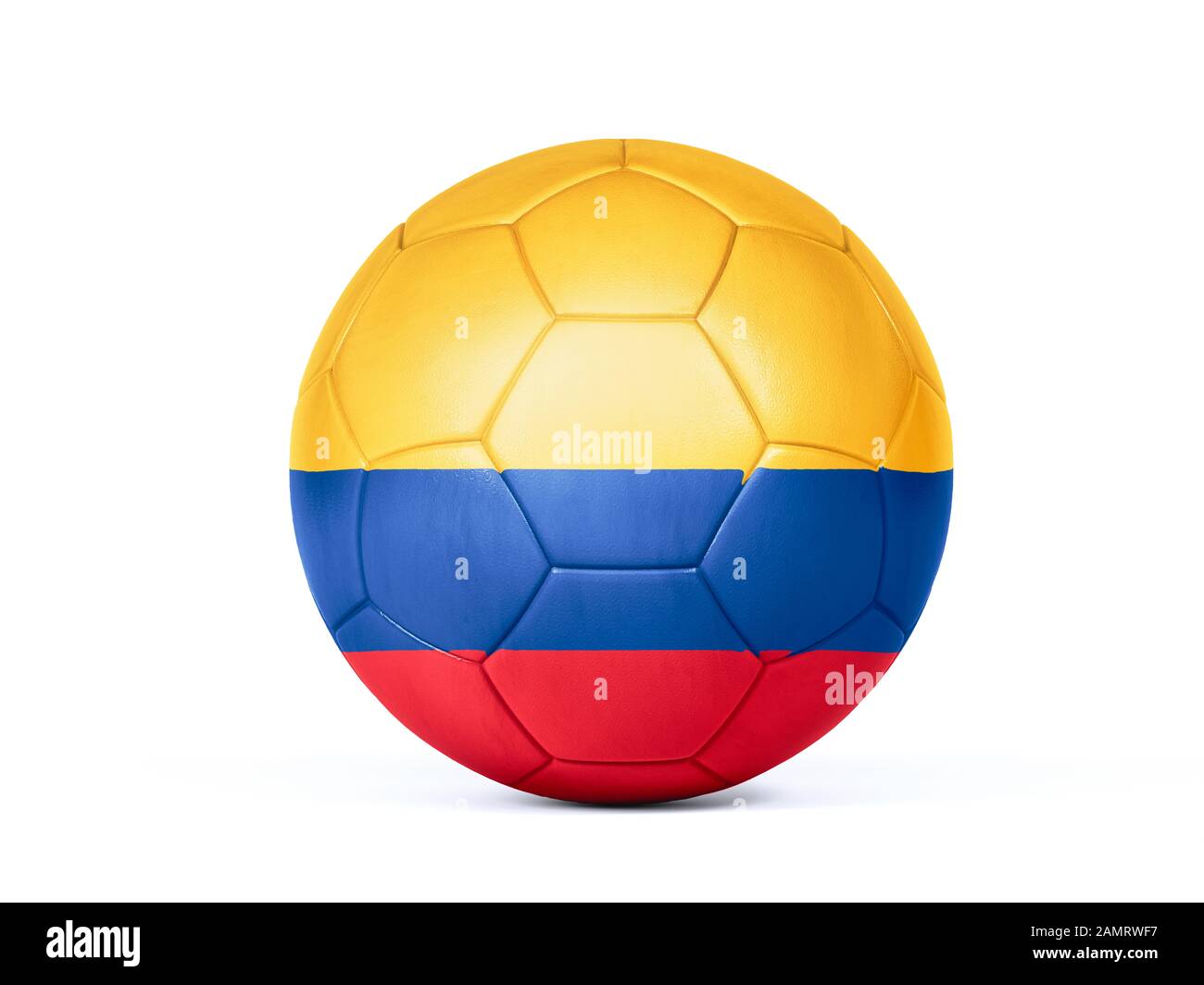 Pallone da calcio o da calcio con i colori della bandiera nazionale colombiana concettuale del supporto di squadra in campionati o la Coppa del mondo isolato su bianco Foto Stock