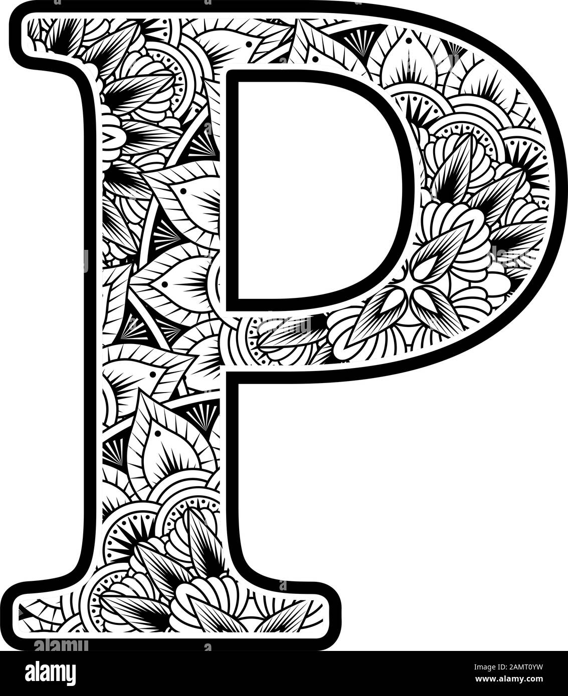 lettera maiuscola p con ornamenti di fiori astratti in bianco e nero. design ispirato allo stile d'arte mandala per la colorazione. Isolato su sfondo bianco Illustrazione Vettoriale
