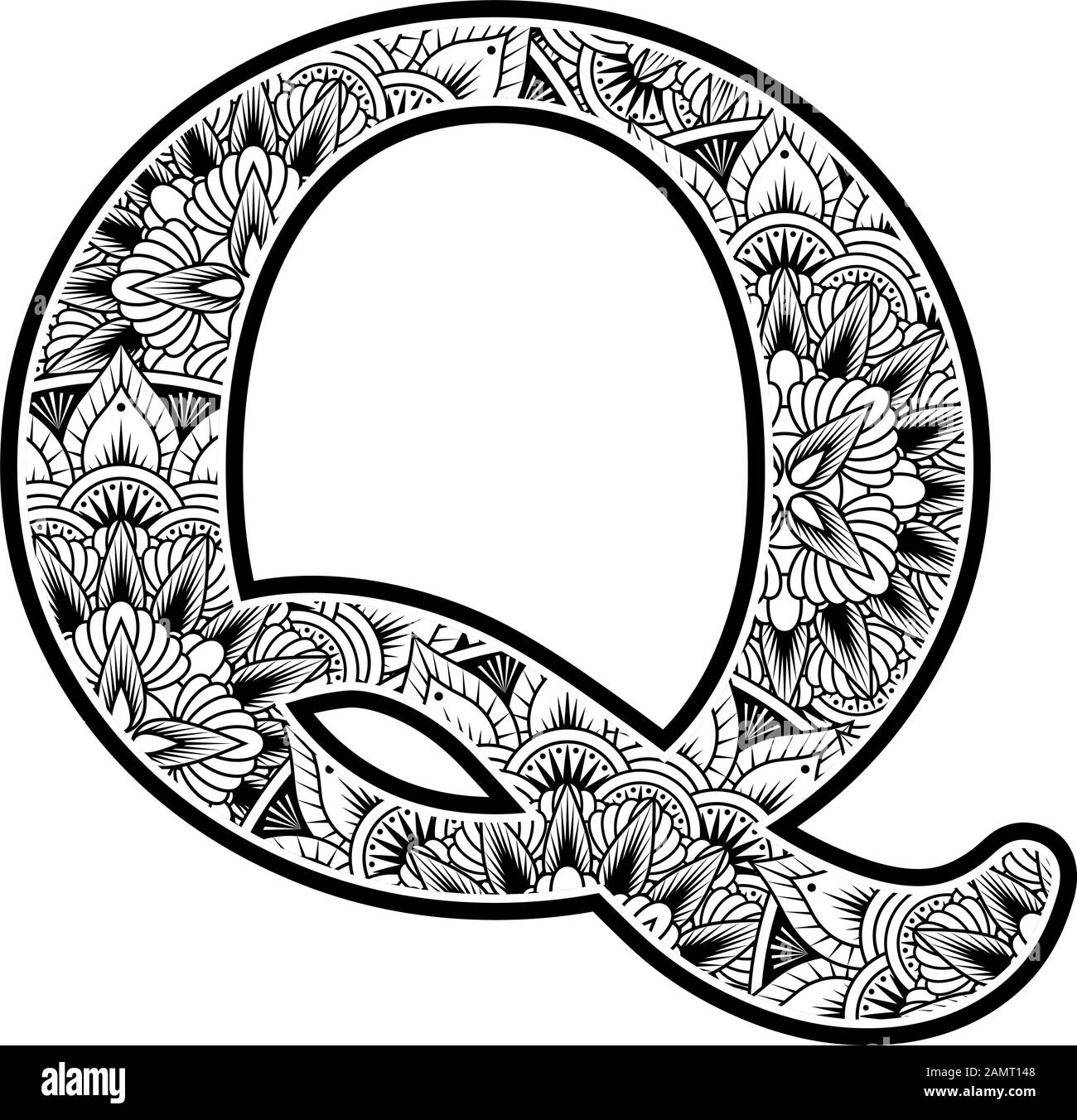 lettera maiuscola q con ornamenti di fiori astratti in bianco e nero. design ispirato allo stile d'arte mandala per la colorazione. Isolato su sfondo bianco Illustrazione Vettoriale