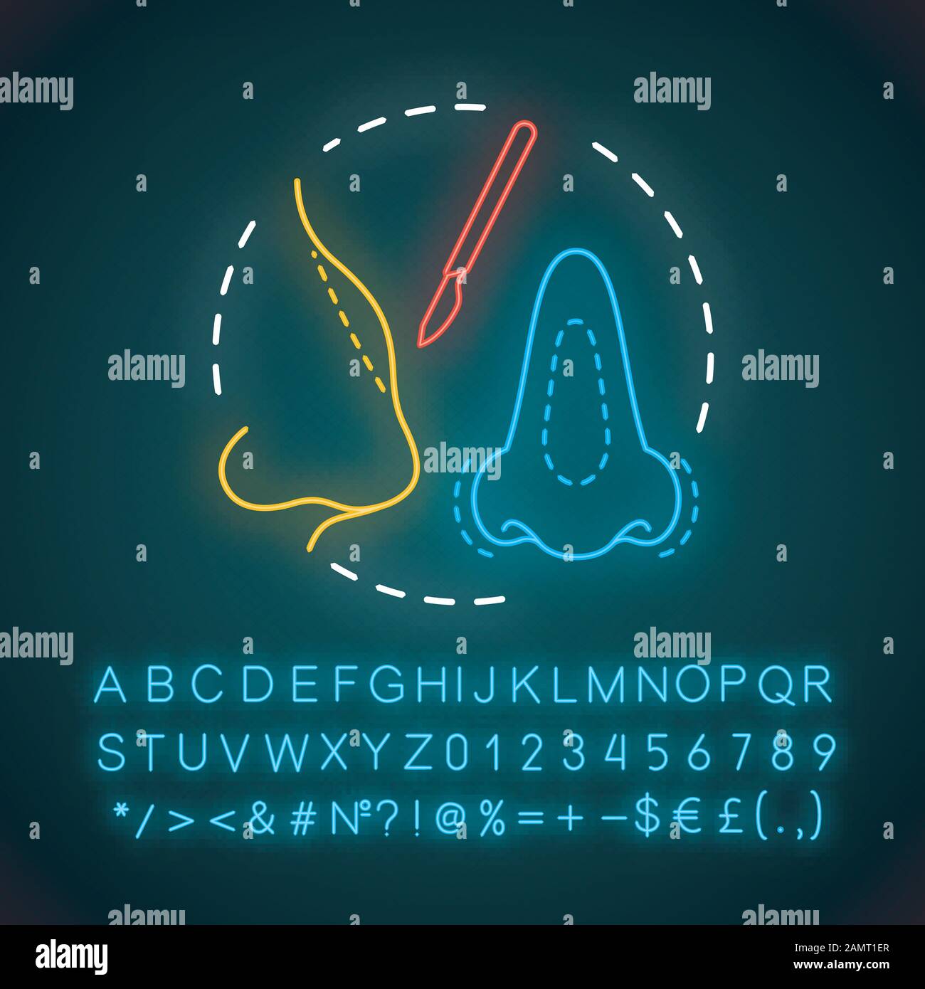 Icona di luce al neon per rinoplastica. Lavoro naso. Rimodellare il naso. Migliorare la respirazione. Chirurgia estetica facciale. Segno incandescente con alfabeto, numeri e simboli. Vec Illustrazione Vettoriale