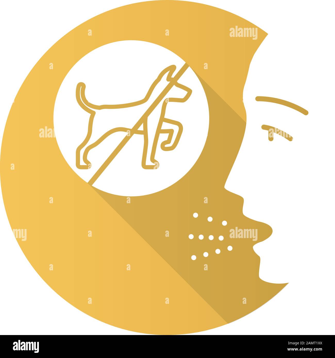 Cane allergia piatto design lungo ombra glifo icona. Reazione allergica. Anallergico, saliva e pelliccia. Divieto di cani. Malattia respiratoria causata da un Illustrazione Vettoriale