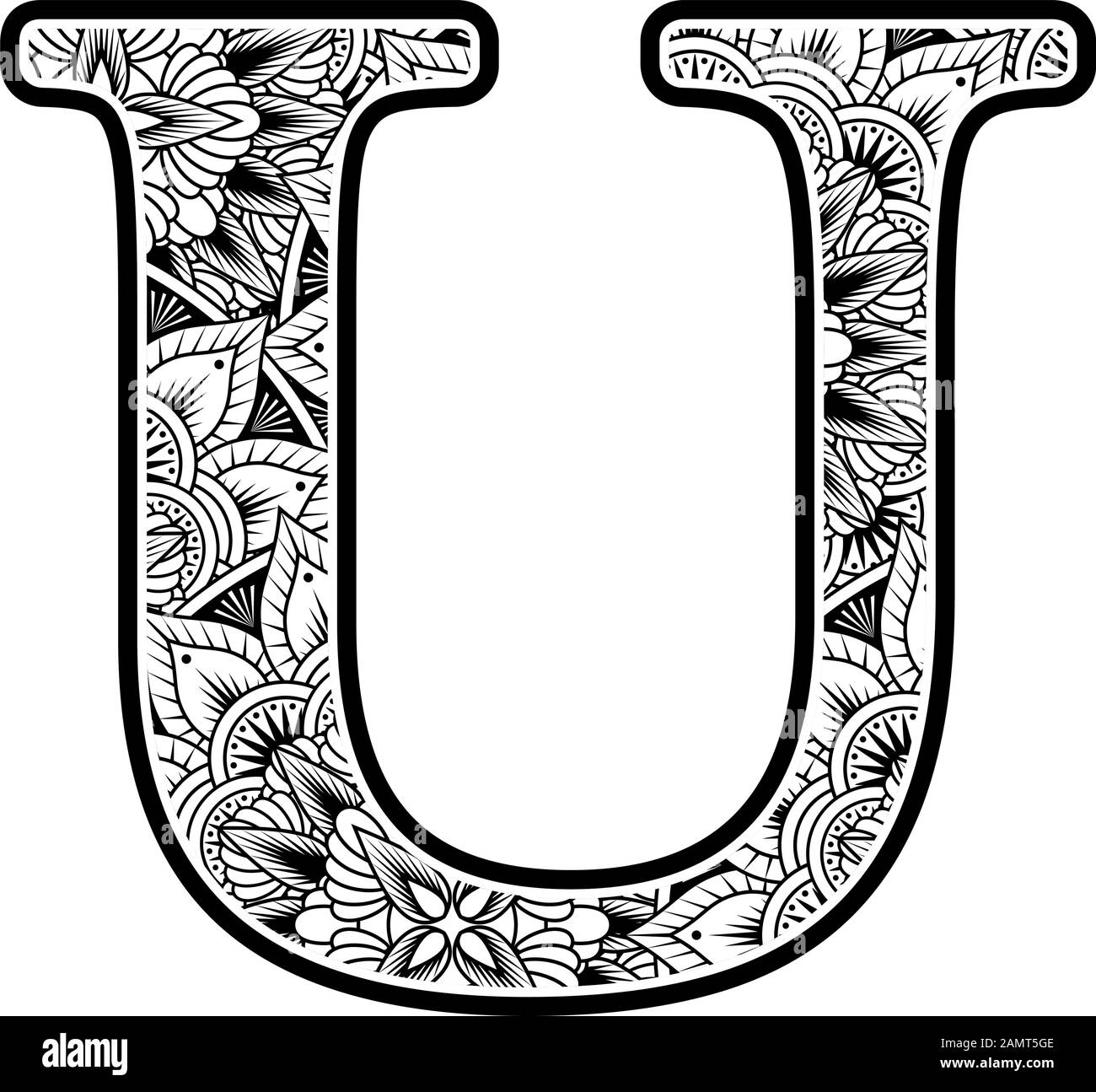 lettera maiuscola u con ornamenti di fiori astratti in bianco e nero. design ispirato allo stile d'arte mandala per la colorazione. Isolato su sfondo bianco Illustrazione Vettoriale