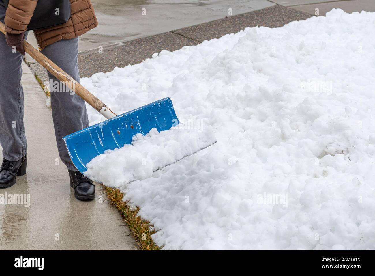 Una persona inidentificabile spalma la neve in un vialetto di casa dopo una tempesta invernale. Foto Stock