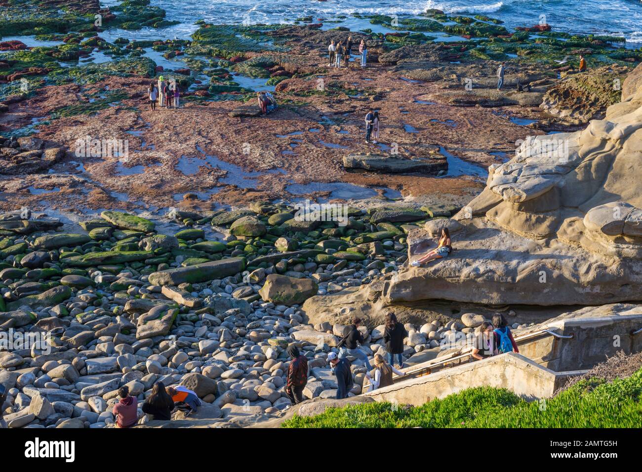 Scena invernale costiera. La Jolla, California, Stati Uniti. Guardando in basso su Shell Beach. Foto Stock